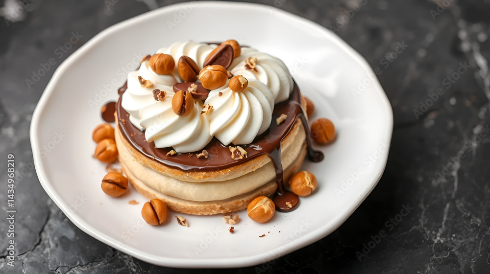 Close-up of hazelnut dacquoise with whipped cream layers
